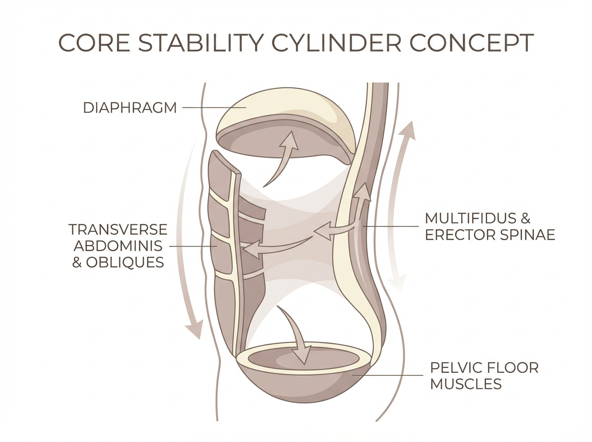 The core cylinder: diaphragm (top), abdominal muscles (sides), back muscles (back), and pelvic floor (bottom)