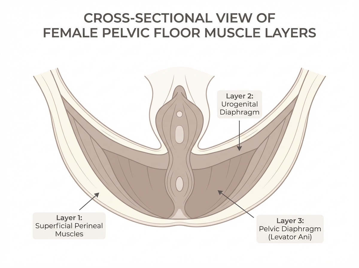 Pelvic floor muscles diagram showing the layers